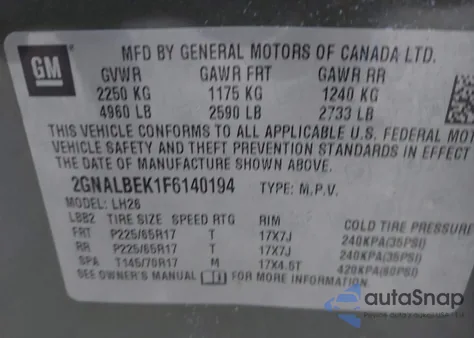 2015 Chevrolet Equinox 1Lt z USA, uszkodzony, nr VIN 2GNALBEK1F6140194